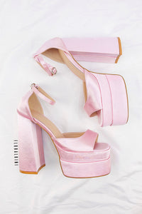 Baby Pink Satin Peep Toe Platform Block Heel