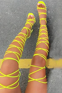 Lace-Up Over Knee Knot Stiletto Heels - Neon Yellow