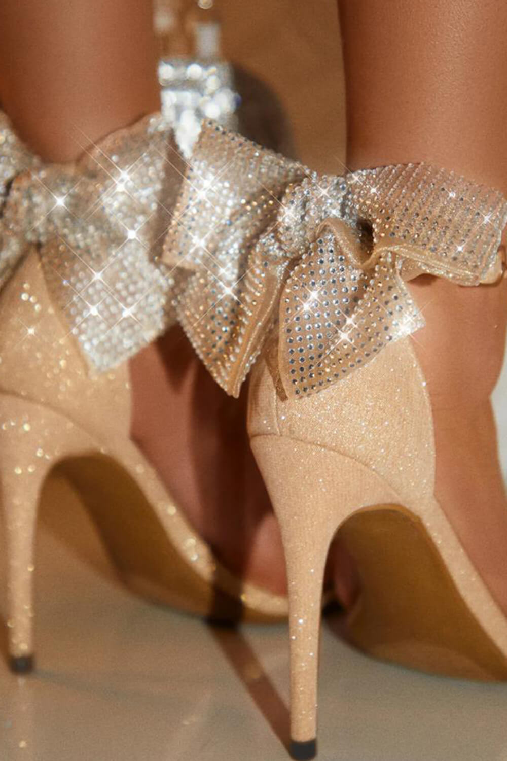 Diamante Bow Embellished Open Square Toe Stiletto Heels - Gold