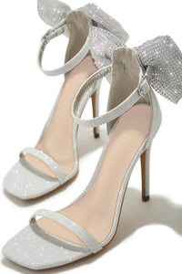 Diamante Bow Embellished Open Square Toe Stiletto Heels - Silver