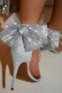 Diamante Bow Embellished Open Square Toe Stiletto Heels - Silver
