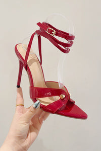 Patent Lace Up Pointed Toe Stiletto Heels - Dark Red