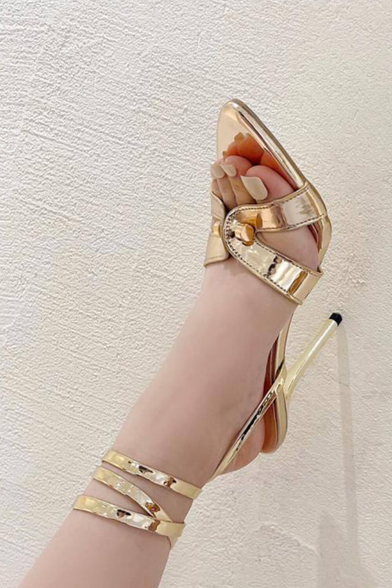 Patent Lace Up Pointed Toe Stiletto Heels - Gold