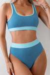 Color Block Rib Sporty High Waisted Bikini Set - Blue