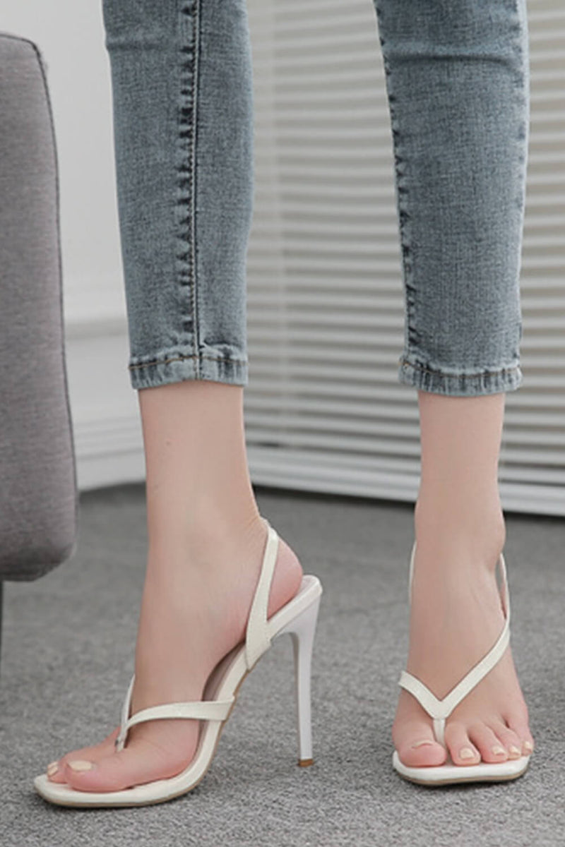 Patent Toe Thong Square Toe Slingback High Heels - White