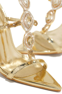 Diamante Embellished Stone Pointed Toe Stiletto Sandals - Gold
