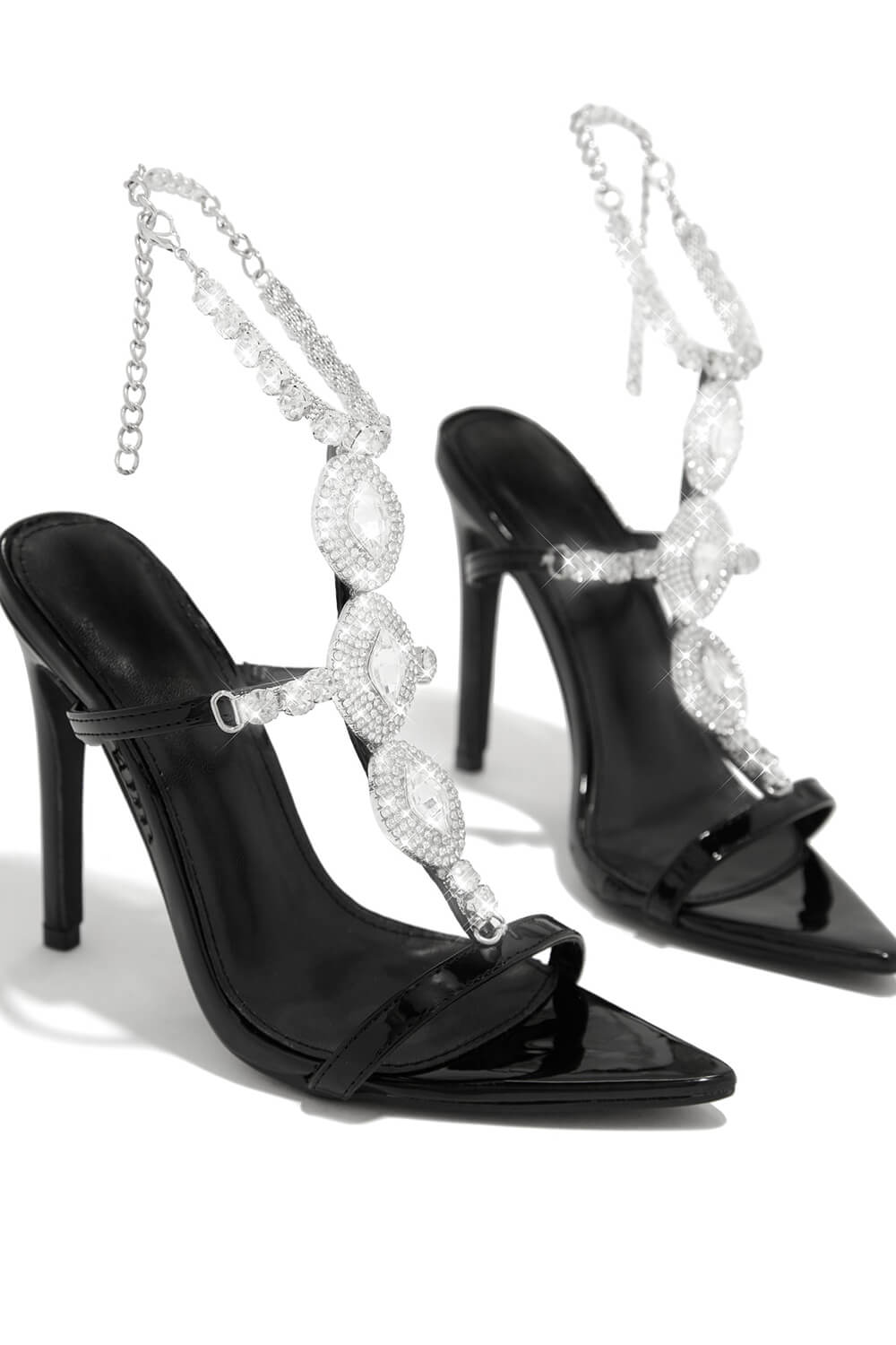Diamante Embellished Stone Pointed Toe Stiletto Sandals - Black