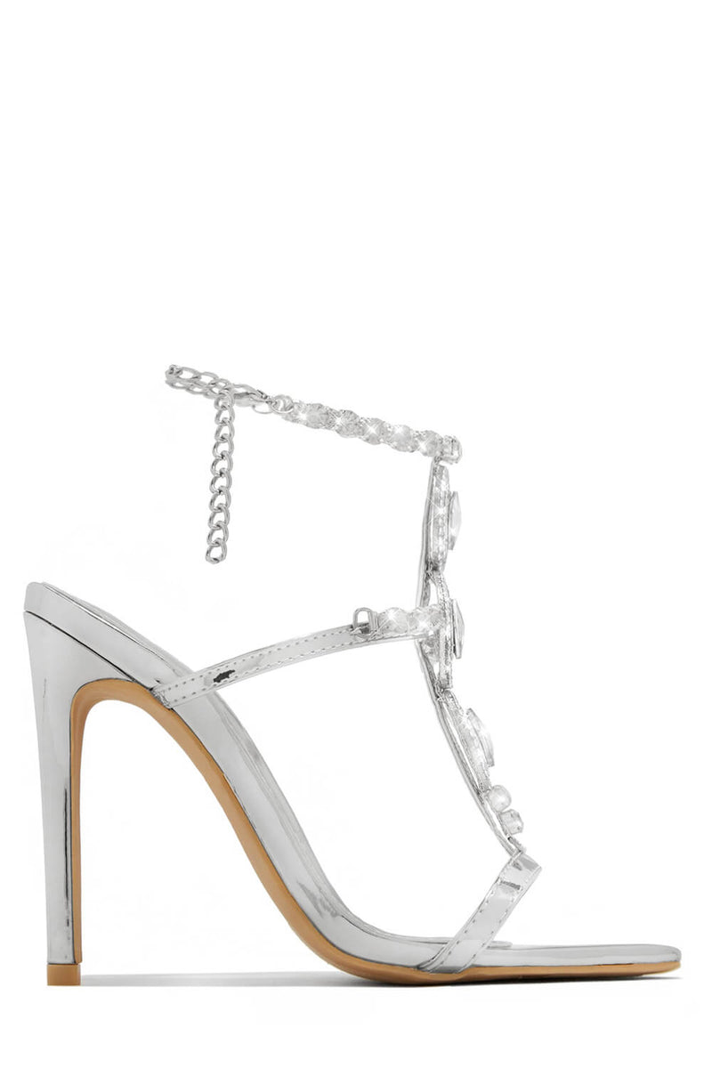 Diamante Embellished Stone Pointed Toe Stiletto Sandals - Silver