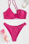 Shimmer Asymmetrical Strap Bandeau Bikini Set - Fuchsia