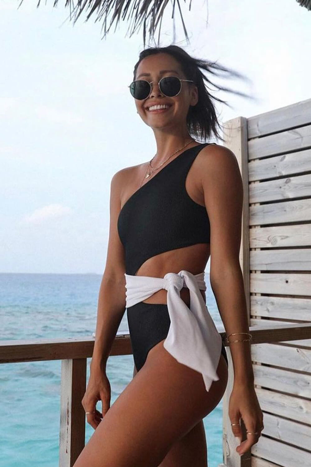 Black White Colorblock Ribbed One Shoulder Tie Side One Piece