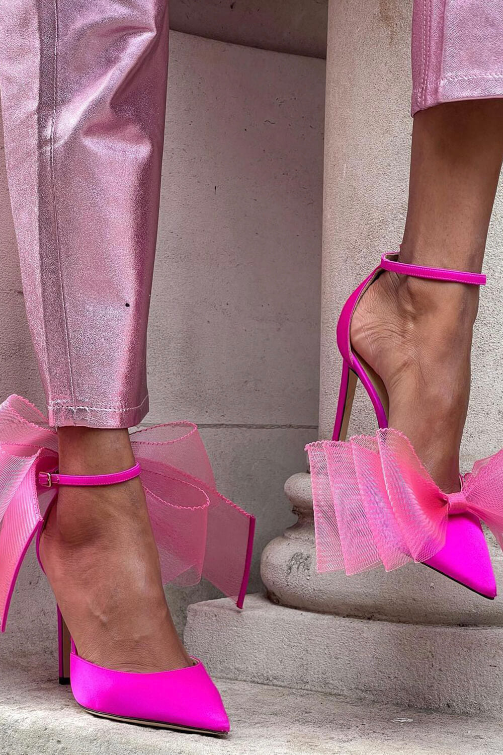 onderpand Kinematica Dubbelzinnig Hot Pink Asymmetric Mesh Bow Ankle Strap High Heel Sandal – FloralKini