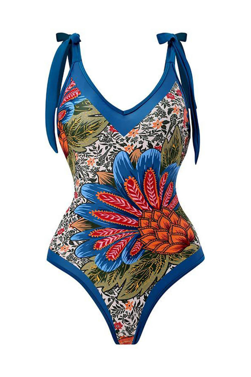 Tropical Floral Print Plunge Tie-Shoulder One Piece Swimsuit