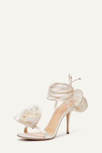 Flower Embellished Satin Lace Up Open Toe Stiletto Heels Sandals - Ivory