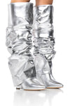 Scrunched Foldover Mid Calf Wedge Heel Boots - Silver