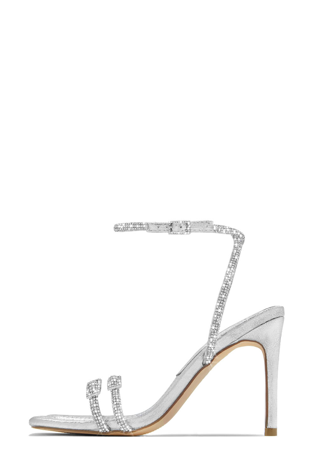 Double Diamante Embellished Strap Open Square Toe Heel - Silver