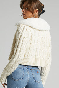Flurry Fur Collar Button Up Cable Knit Cropped Cardigan