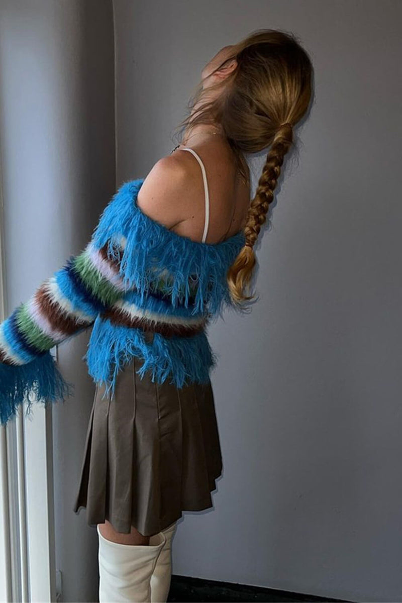 Multicolour Blue Fluffy Off-Shoulder Faux Feather Knit Cardigan