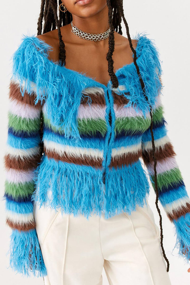 Multicolour Blue Fluffy Off-Shoulder Faux Feather Knit Cardigan