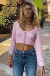 Pink Floral Button-Up Cropped Fuzzy Knit Cardigan