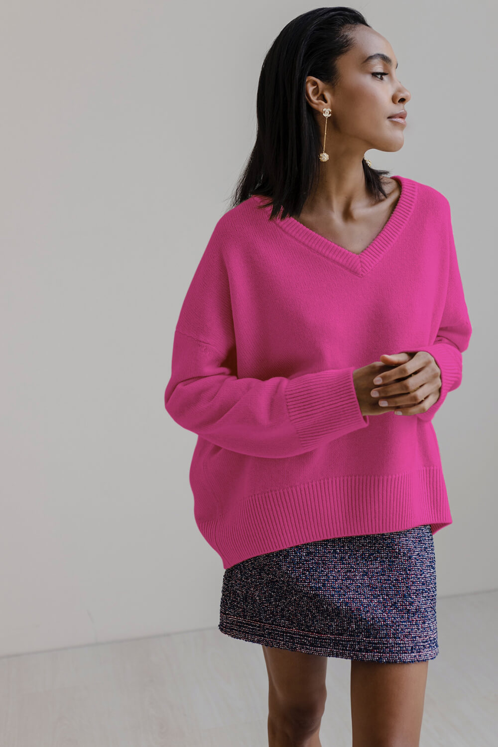 V Neck Long Sleeve Loose Knit Sweater – FloralKini