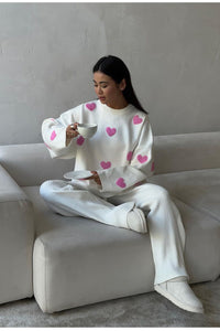 Heart Pattern Crew Neck Knit Jumper - White & Pink