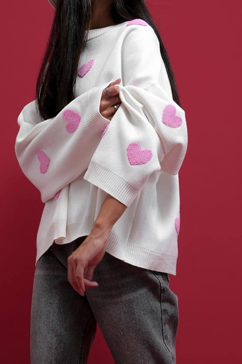 Heart Pattern Crew Neck Knit Jumper - White & Pink
