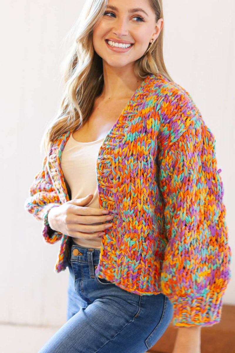 Multicolor Open Front Cropped Chunky Knit Cardigan