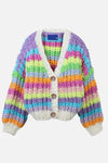 Multicolor Striped Balloon Sleeve Button Up V Neck Chunky Knit Cardigan