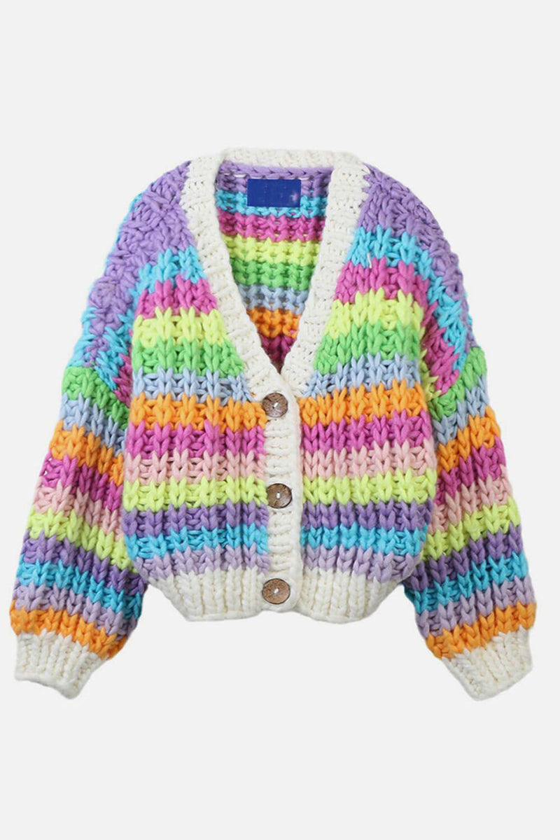 Multicolor Striped Balloon Sleeve Button Up V Neck Chunky Knit Cardigan