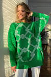 Patterned Crew Neck Knit Sweater - Green & White