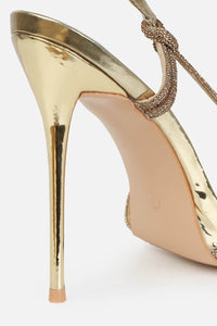 Diamante Knot Pointed Toe Slingback Heeled Sandals - Gold
