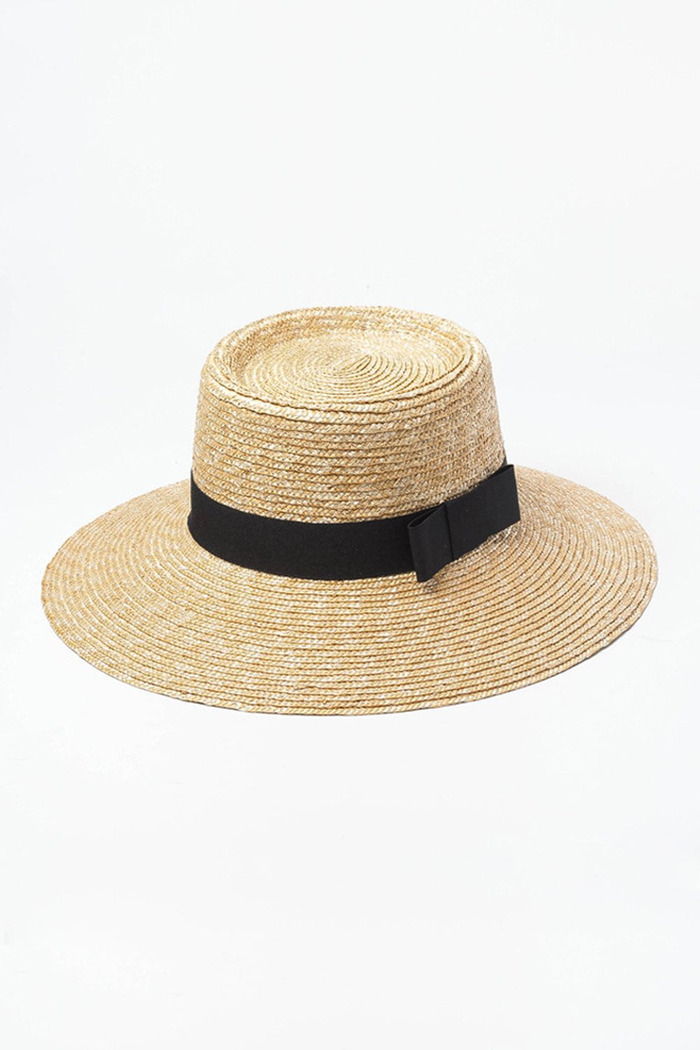 Black Bow Trimmed Wheat Straw Flat Boater (2207890079803)