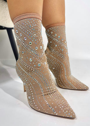 Crystal-Embellished Mesh Mid-Calf Pointed Toe Stiletto Heel Bootie