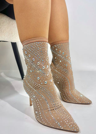 Crystal-Embellished Mesh Mid-Calf Pointed Toe Stiletto Heel Bootie