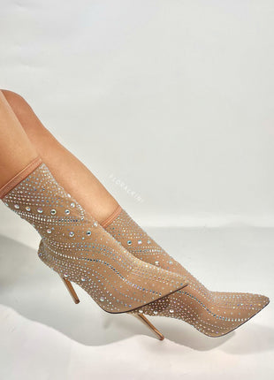 Crystal-Embellished Mesh Mid-Calf Pointed Toe Stiletto Heel Bootie