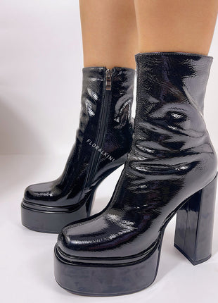 Calf Leather Double Platform Block Heel Ankle Boots