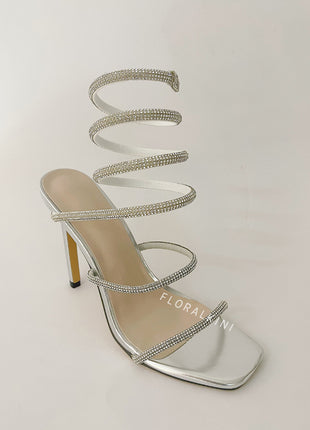 Crystal-Embellished Around The Ankle Coil Stiletto Sandals - Pink/Silver/Gold/Black