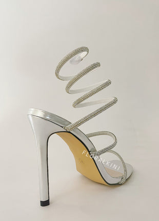 Crystal-Embellished Around The Ankle Coil Stiletto Sandals - Pink/Silver/Gold/Black