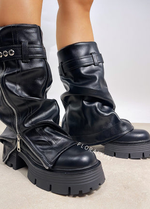 Pu Fold Over Mid-Calf Chunky Platform Zip Boots