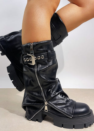 Pu Fold Over Mid-Calf Chunky Platform Zip Boots