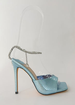 Snakeskin-Effect Diamante Chain Detail Ankle Strap Pointed Toe Stiletto Heel Sandals