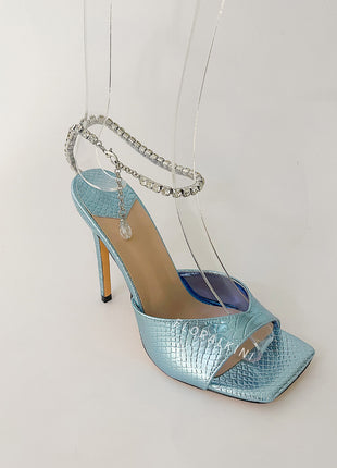 Snakeskin-Effect Diamante Chain Detail Ankle Strap Pointed Toe Stiletto Heel Sandals