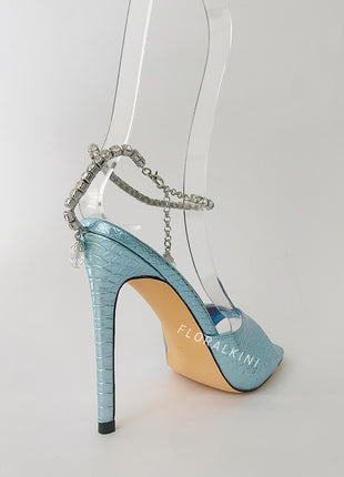 Snakeskin-Effect Diamante Chain Detail Ankle Strap Pointed Toe Stiletto Heel Sandals