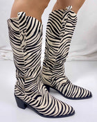 Calfskin Hair Zebra Print Mid-Calf Western Heeled Boots