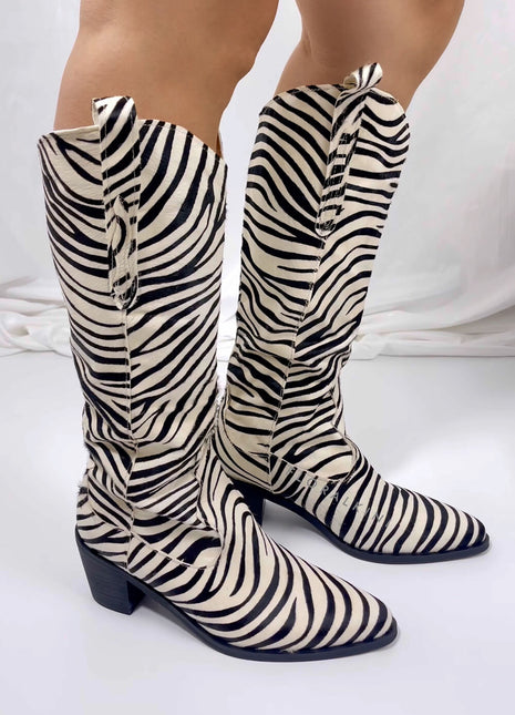 Calfskin Hair Zebra Print Mid-Calf Western Heeled Boots