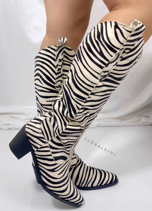 Calfskin Hair Zebra Print Mid-Calf Western Heeled Boots