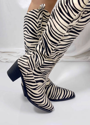 Calfskin Hair Zebra Print Mid-Calf Western Heeled Boots