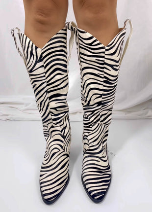 Calfskin Hair Zebra Print Mid-Calf Western Heeled Boots