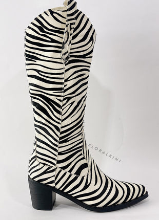 Calfskin Hair Zebra Print Mid-Calf Western Heeled Boots