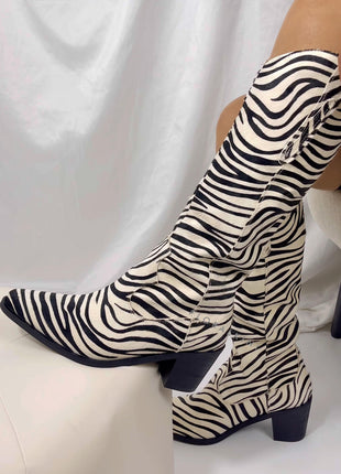 Calfskin Hair Zebra Print Mid-Calf Western Heeled Boots